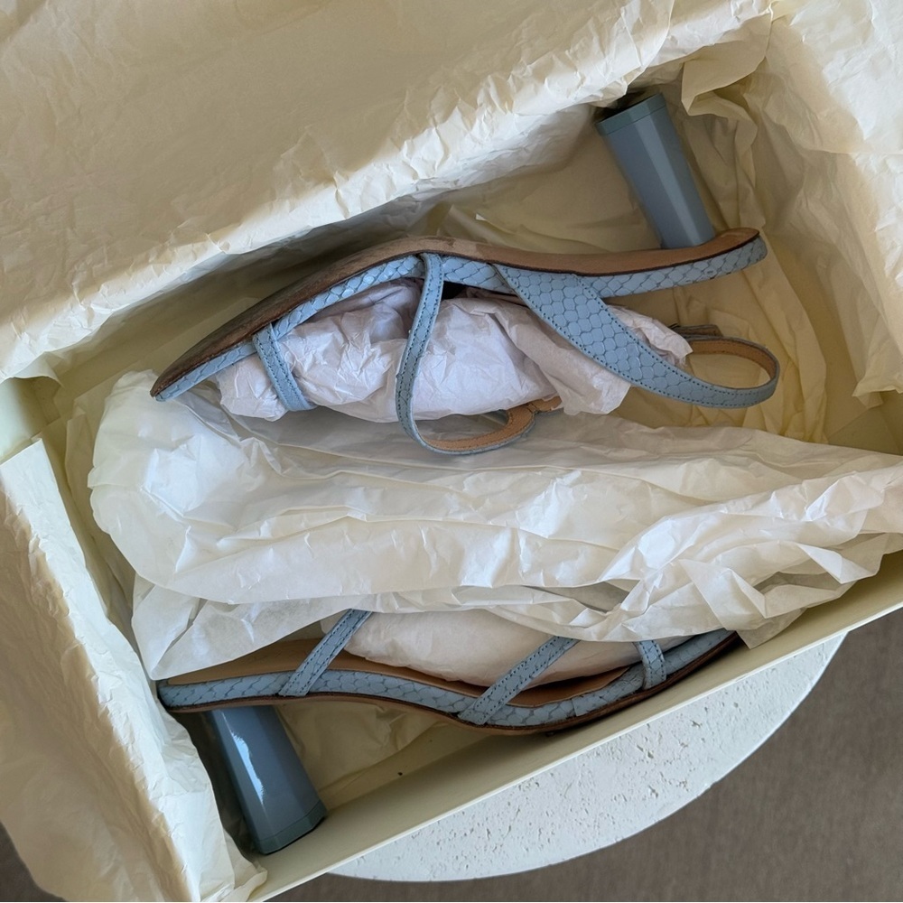 BY FAR Brigette pastel blue leather snake print sandals, size 36. - Picture 2 of 9
